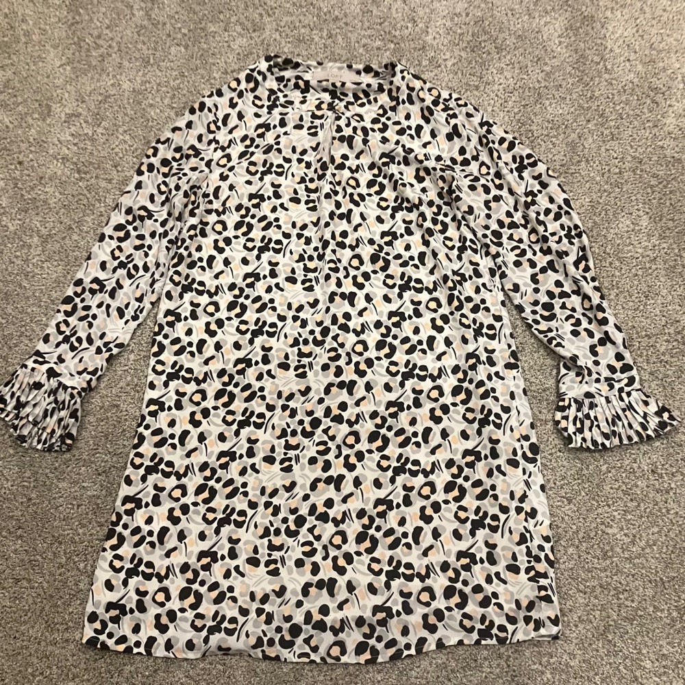 Loft Petites Leopard Print Long Sleeve Shift Dress Pleated Cuff XSP Animalier
